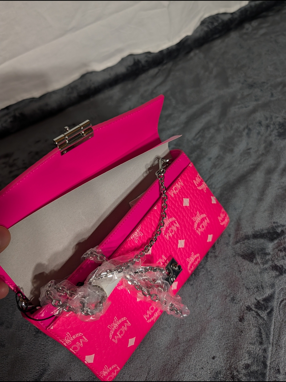 MCM Pink Logo Leather Clutch, Millie Sm Crossbody In Neon Pink & Silver Hardware - Picture 7 of 12